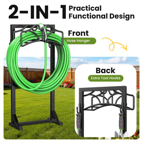 Keten garden hose stand includes two tool hooks for gloves and tools at hand.