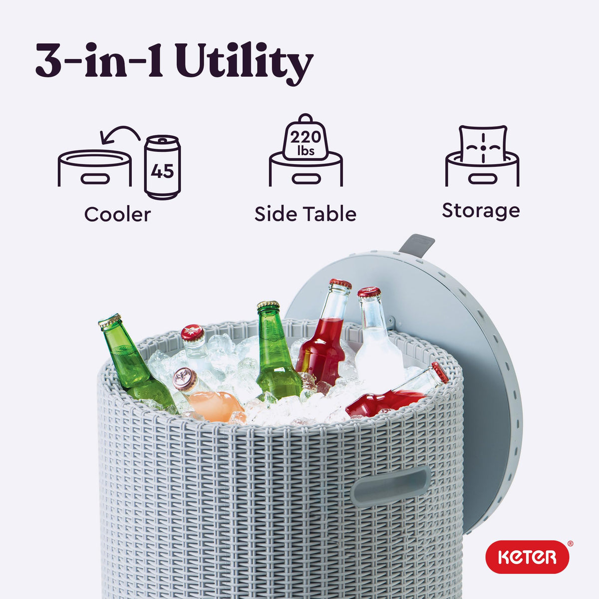 Keter 10.3-Gallon Ice Bucket provides ample cooling capacity.