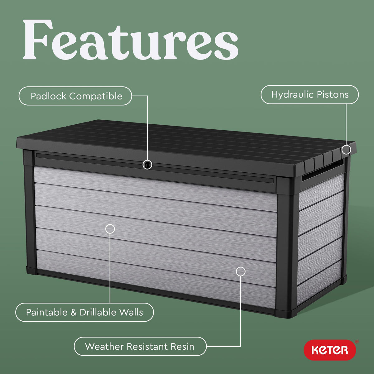 Keter Denali hydraulic pistons enable easy lift and safe soft-close operation.
