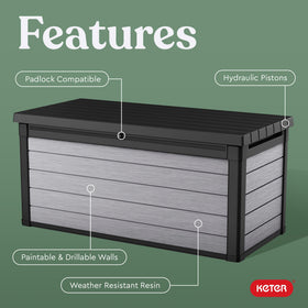 Keter Denali hydraulic pistons enable easy lift and safe soft-close operation.
