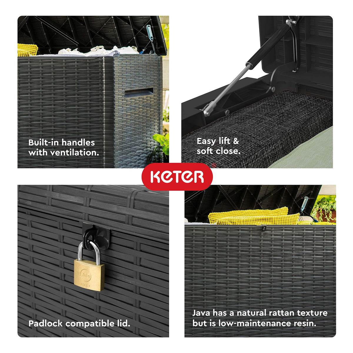 Keter Java XXL stores cushions and pool toys securely outdoors