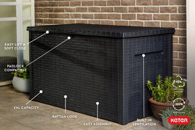 Keter Java XXL deck box with rattan texture design for stylish outdoors