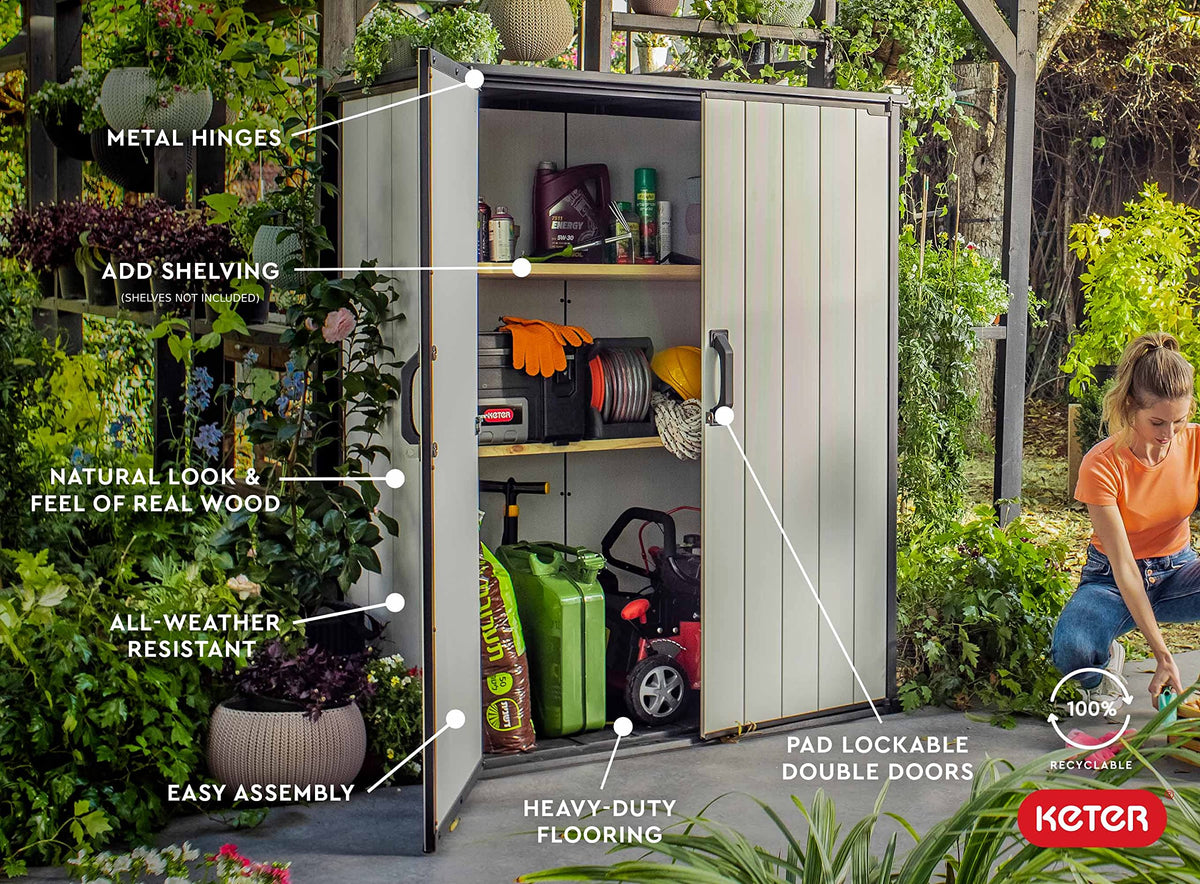 Keter Premier Tall Shed door close-up with padlock-ready latch