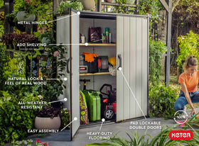 Keter Premier Tall Shed door close-up with padlock-ready latch