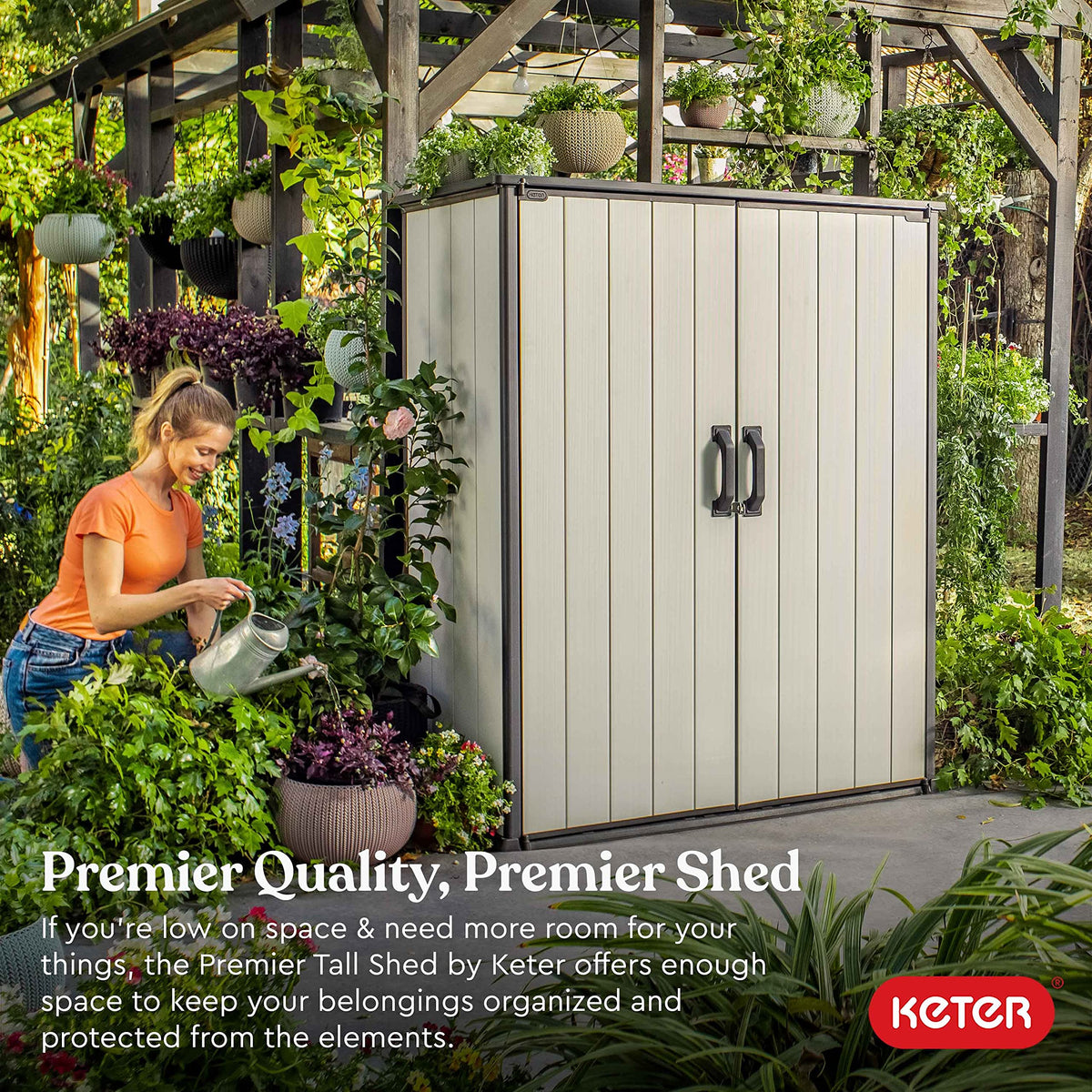 Keter Premier Tall Shed interior wide reveals 62 cu ft capacity for tools