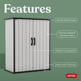 Keter Premier Tall Shed shelves brackets interior demonstrates adjustable storage options