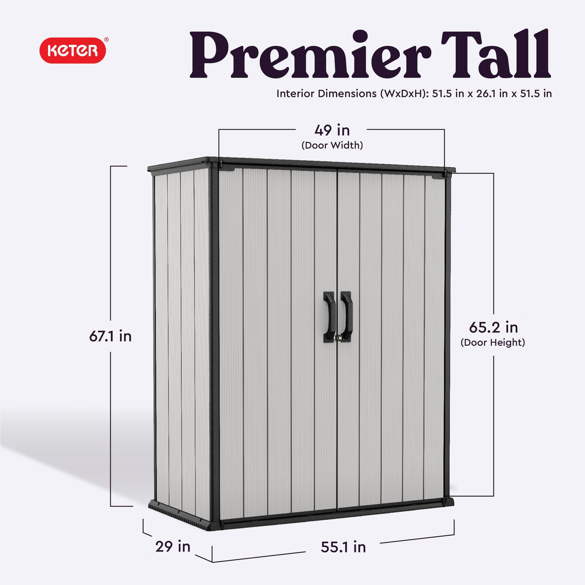 Keter Premier Tall Shed side view highlighting vertical storage for narrow spaces