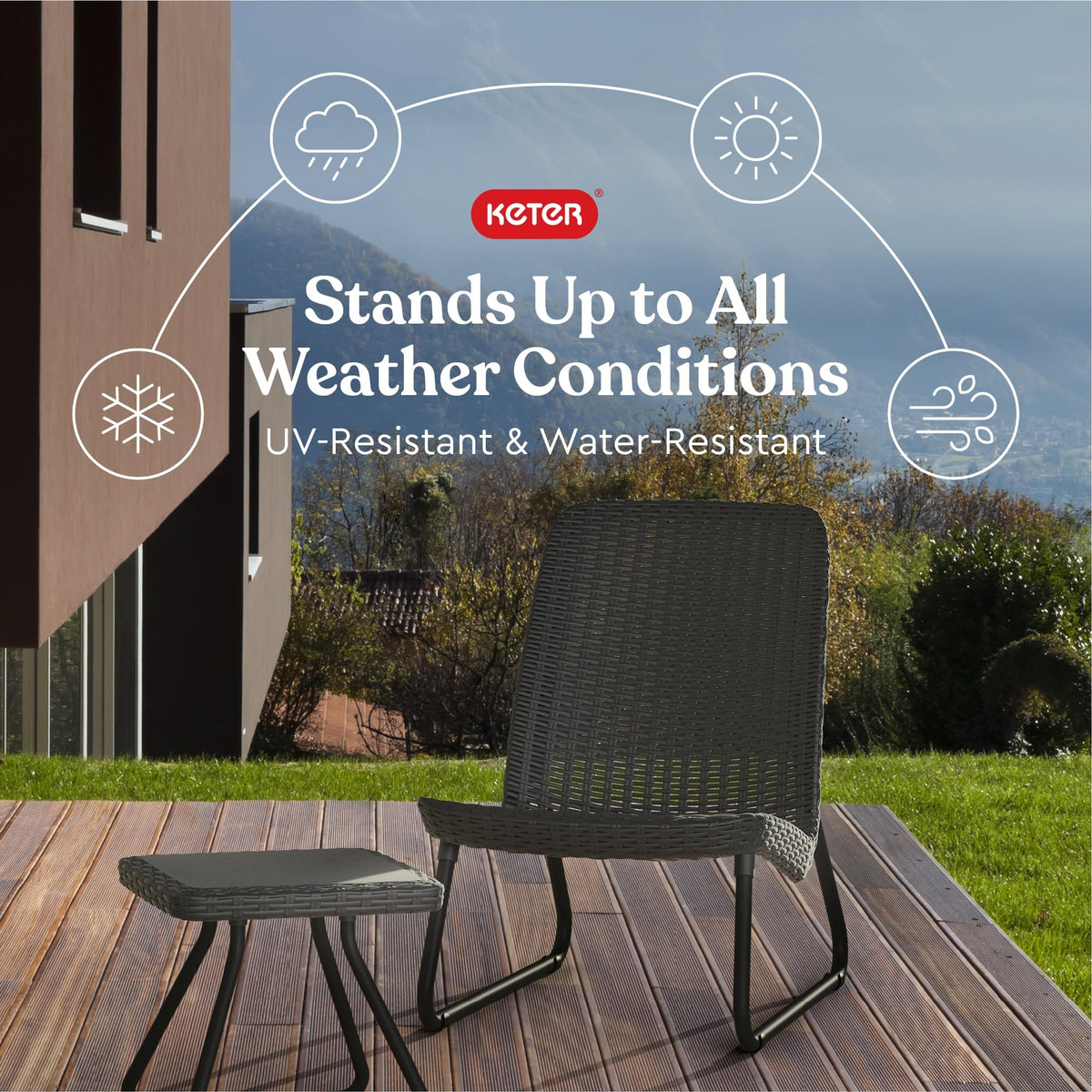Keter Rio set outdoors showcases rust-proof resin in all weather