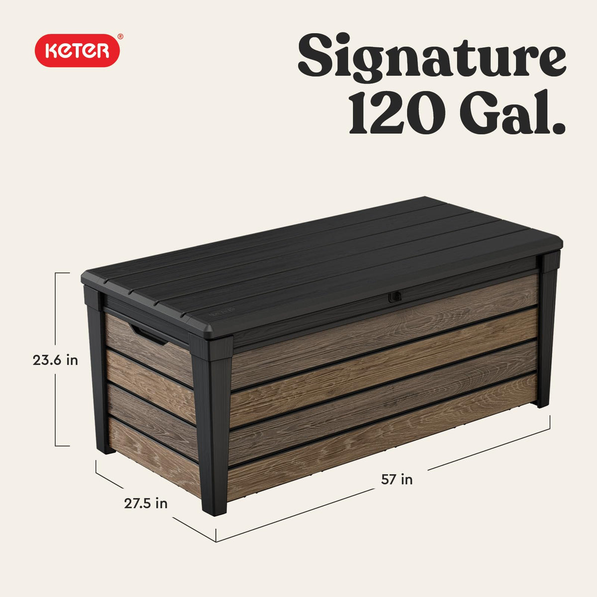 The Keter Signature Collection 120-gallon capacity ideal for patio storage.