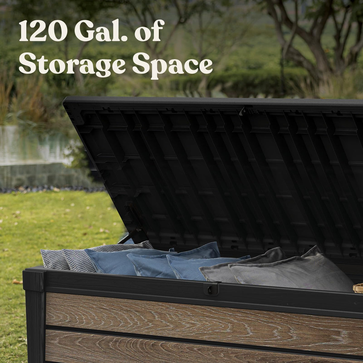 Extra seating from the deck box supports casual outdoor gatherings.
