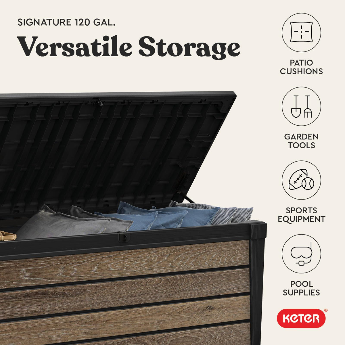 Patio cushions and towels stay dry and ready when stored here.
