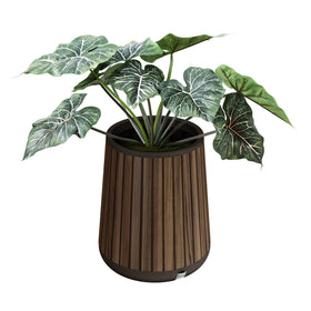 Keter Signature Conic wood-look planter in rosewood adds warm outdoor decor