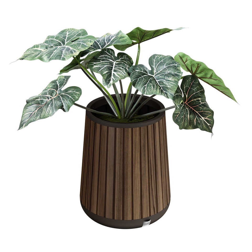 Keter Signature Conic wood-look planter in rosewood adds warm outdoor decor
