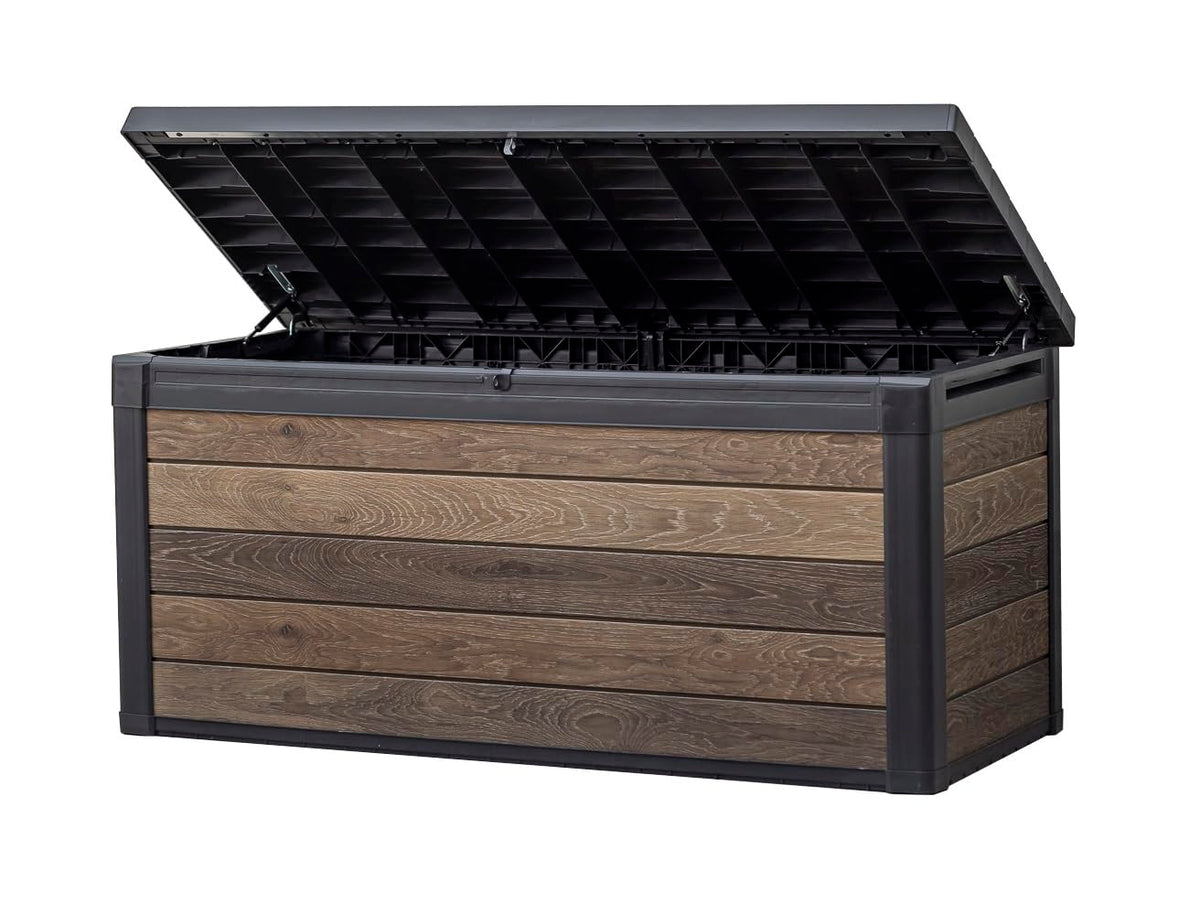Keter Signature Decocoat 150-gallon Walnut deck box exterior in walnut finish