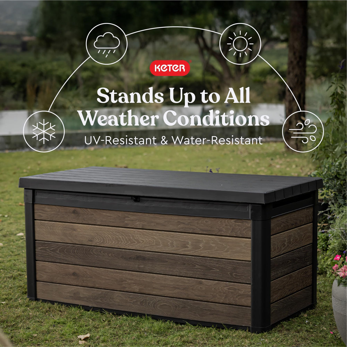 Keter Signature Decocoat deck box interior showing cushions capacity