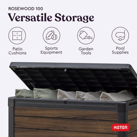 Keter Signature DecoCoat deck box stores patio cushions neatly, protecting them from elements.