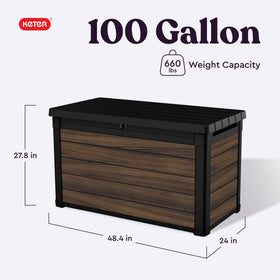 Keter Signature DecoCoat deck box rosewood lid closed keeps items secure outdoors.