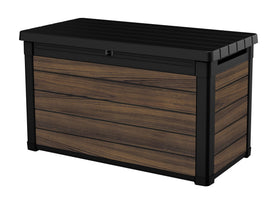 Keter Signature DecoCoat deck box rosewood lid open for easy cushion access.