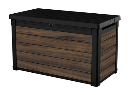 Keter Signature DecoCoat deck box rosewood lid open for easy cushion access.