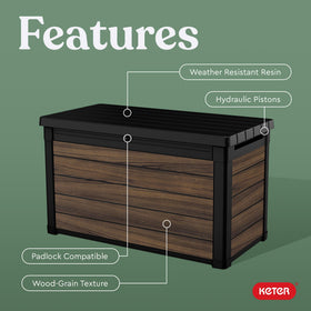 Keter Signature DecoCoat deck box ashwood wood-look finish adds weather-ready style.