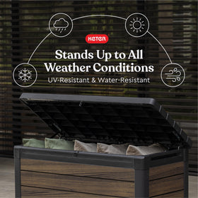 Keter Signature DecoCoat deck box wood-look finish rosewood highlights durable outdoor storage.