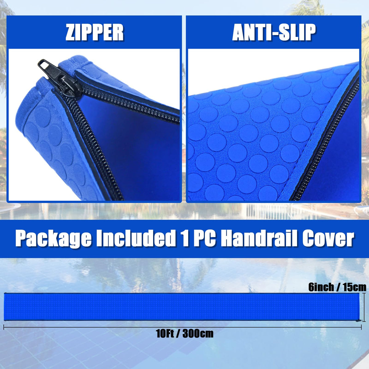 Royal blue KETNET handrail cover delivers comfortable, heat-resistant touch.