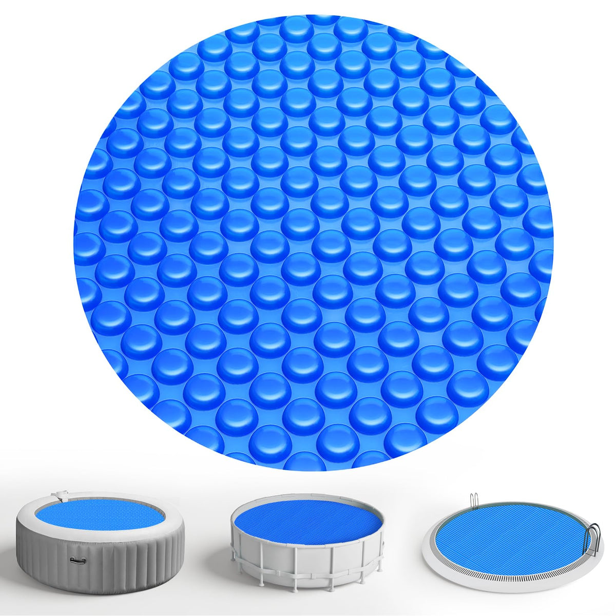 KETNET solar pool cover 6ft diameter floating on water, highlighting heat retention potential.