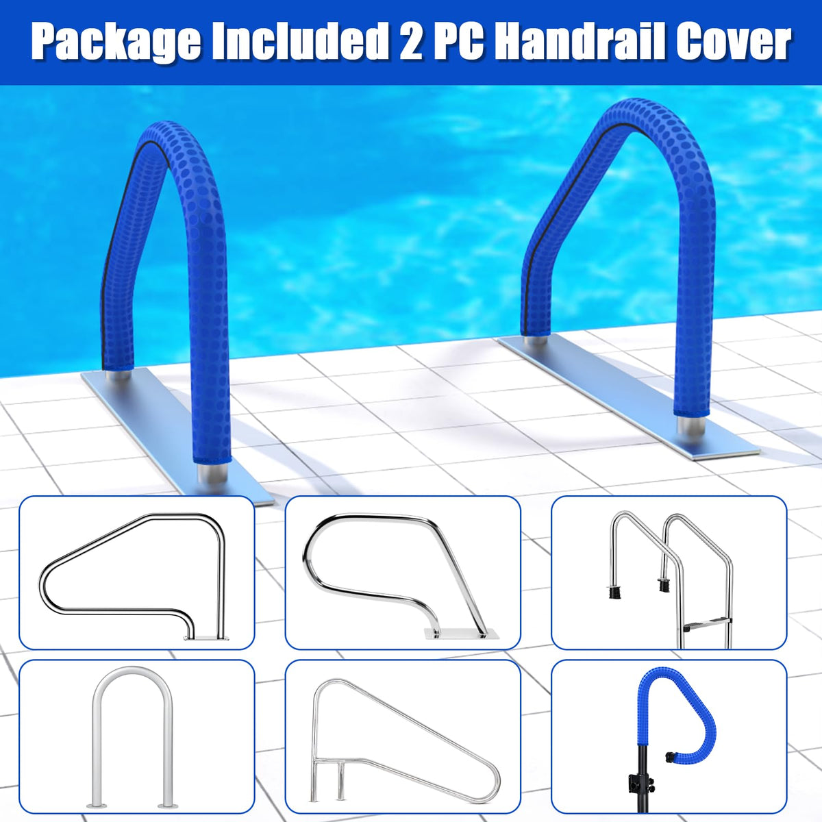 Ketnet blue handrail cover complements pool aesthetics.