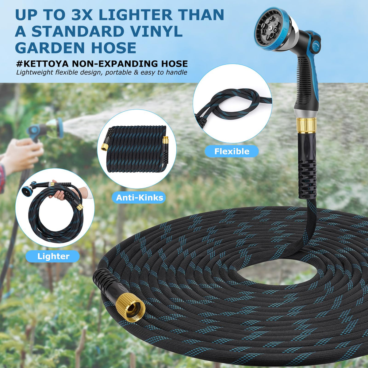 KETTOYA thumb-controlled nozzle with 10 functions for versatile watering.