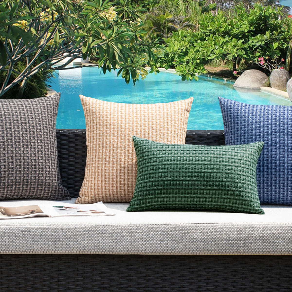 Dark green shade from Kevin Textile complements garden furniture.
