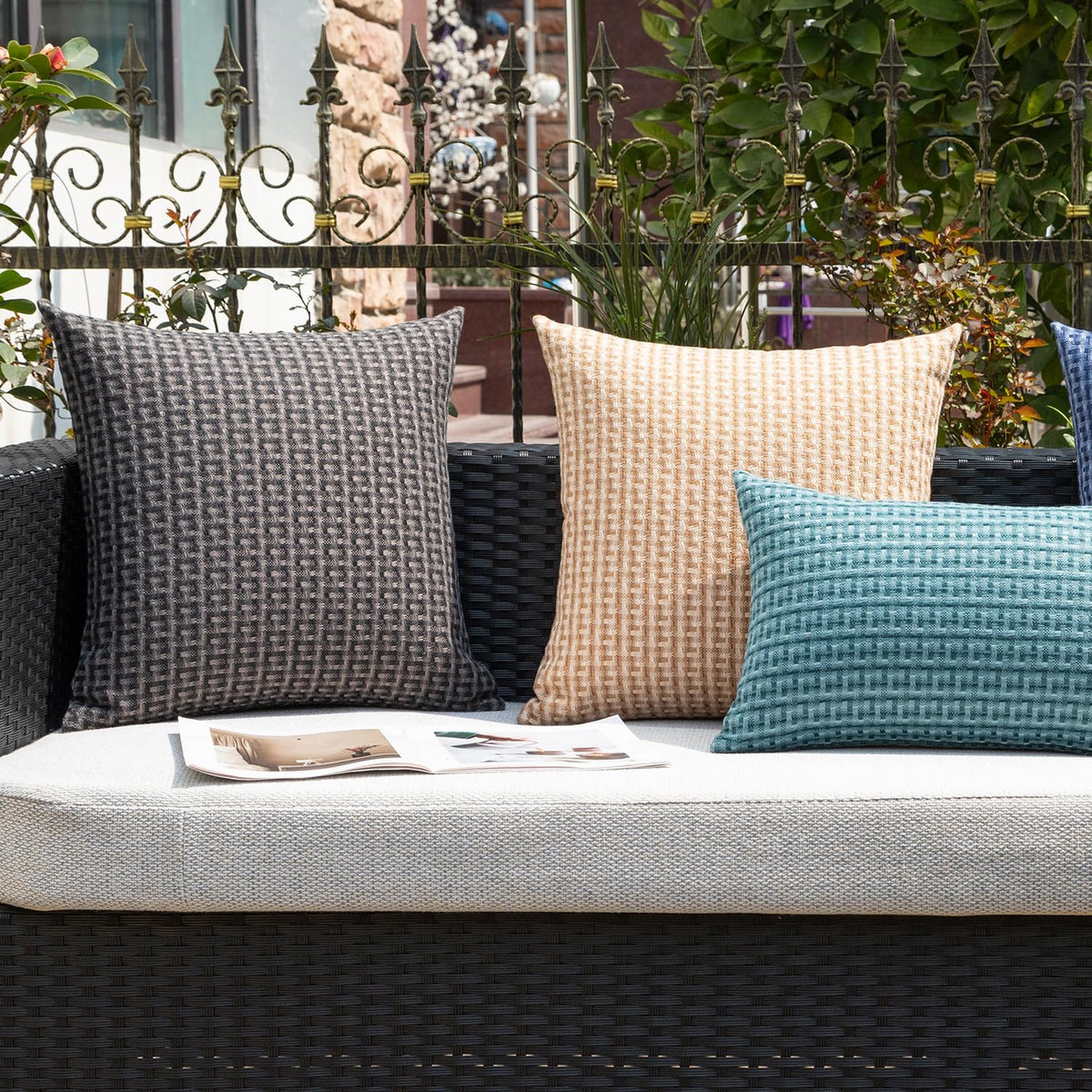 Kevin Textile pillow cover in a balcony setting with outdoor décor.
