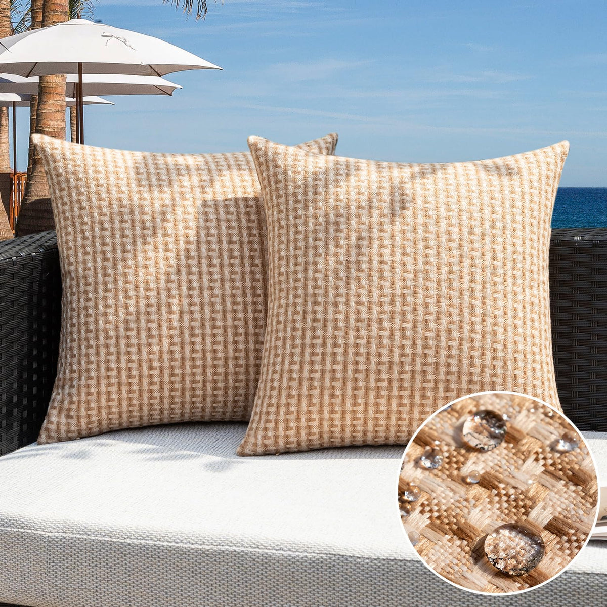 Kevin Textile light brown weave outdoor pillow cover for garden and patio.