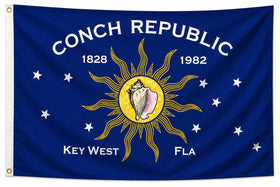 Key West Flags Conch Republic 1982 flag 3x5 in action, ideal for display indoors.