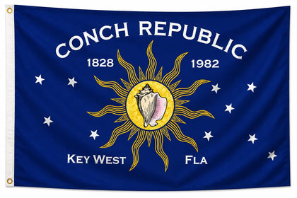 Key West Flags Conch Republic 1982 flag 3x5 in action, ideal for display indoors.