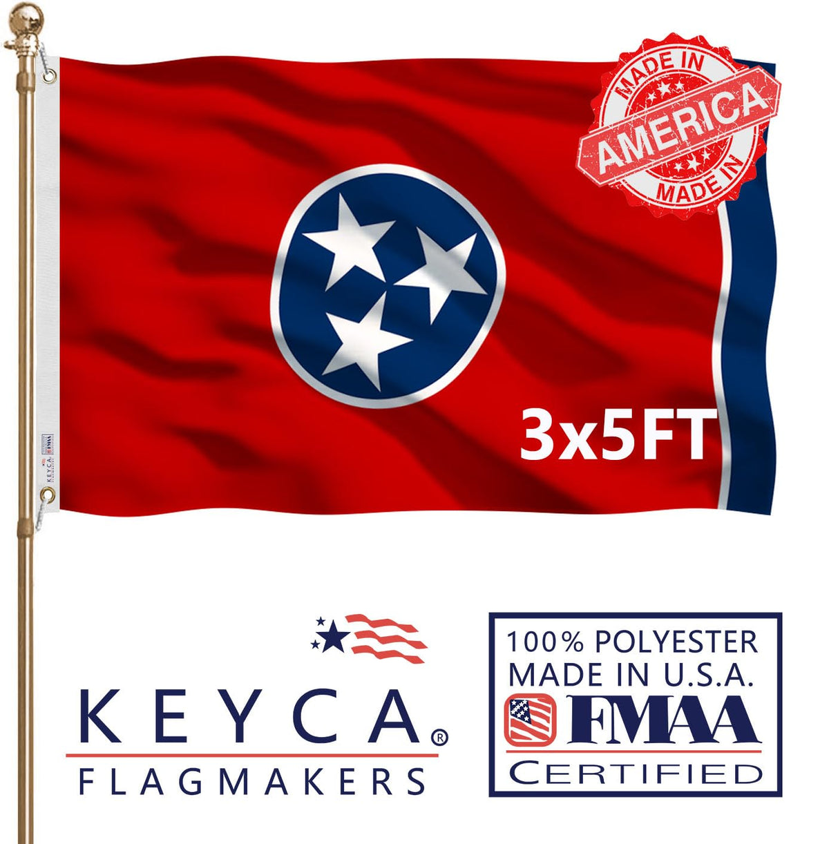 KEYCA Tennessee State Flag 3x5 outdoor close-up on heavy-duty fabric for vibrant display.