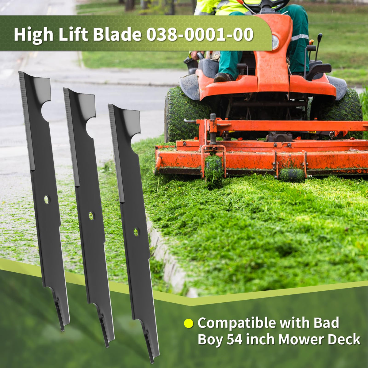 High-lift Keycci blade in action promotes grass lift and even cut.