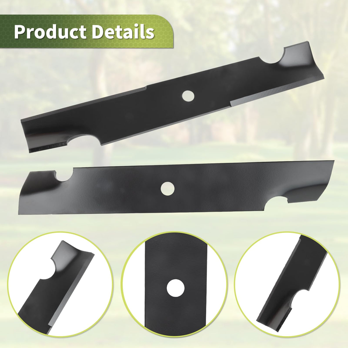 Three-pack blades provide durable replacements to minimize downtime during lawn care.