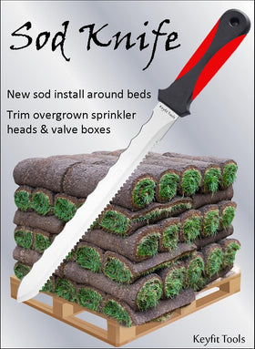Keyfit Tools sod knife razor-sharp serrations highlighted for fast turf trimming