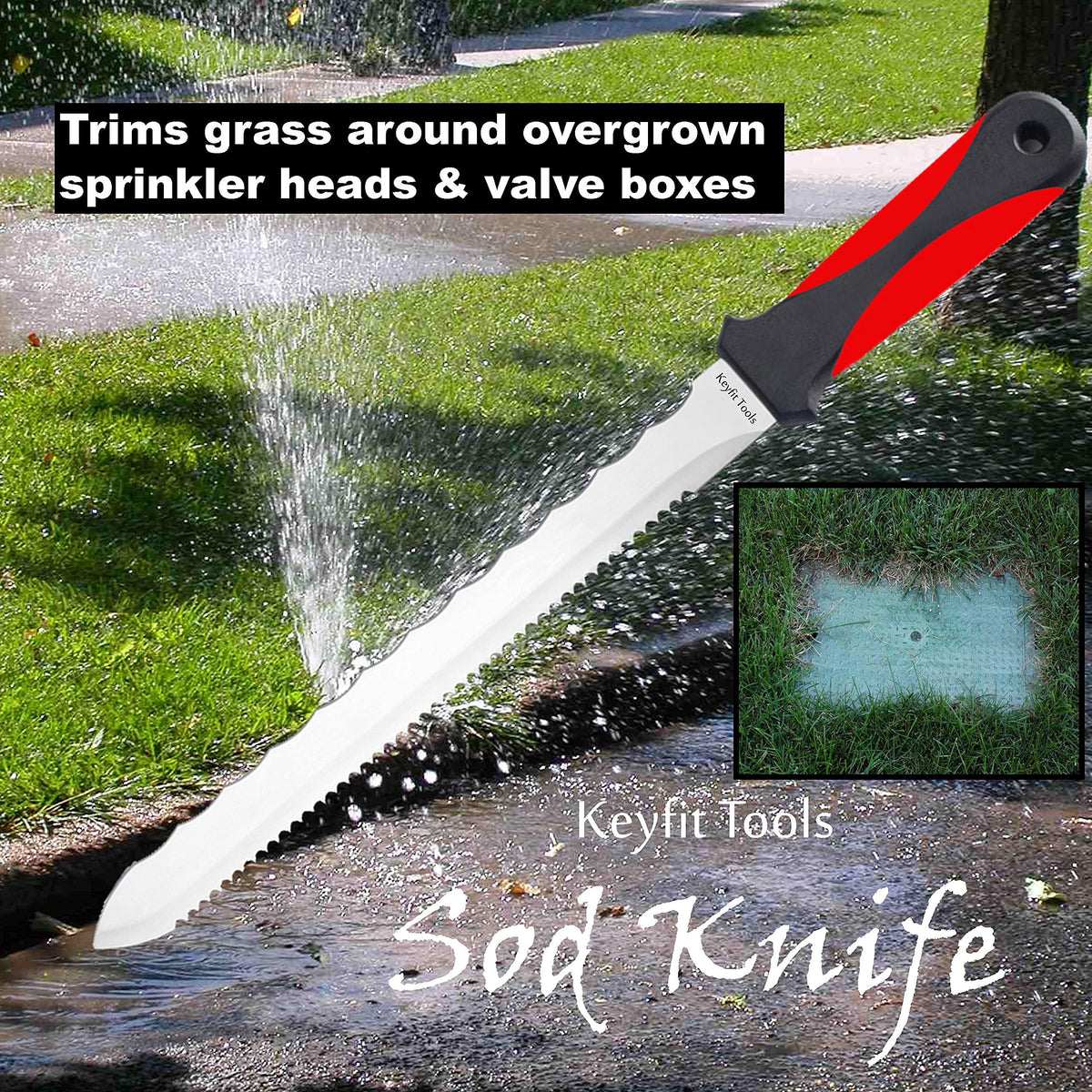 Keyfit Tools sod knife trims sod around sprinkler heads for accurate repairs