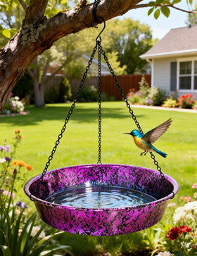 Keygift Bird Bath features a black chain for secure outdoor hanging.