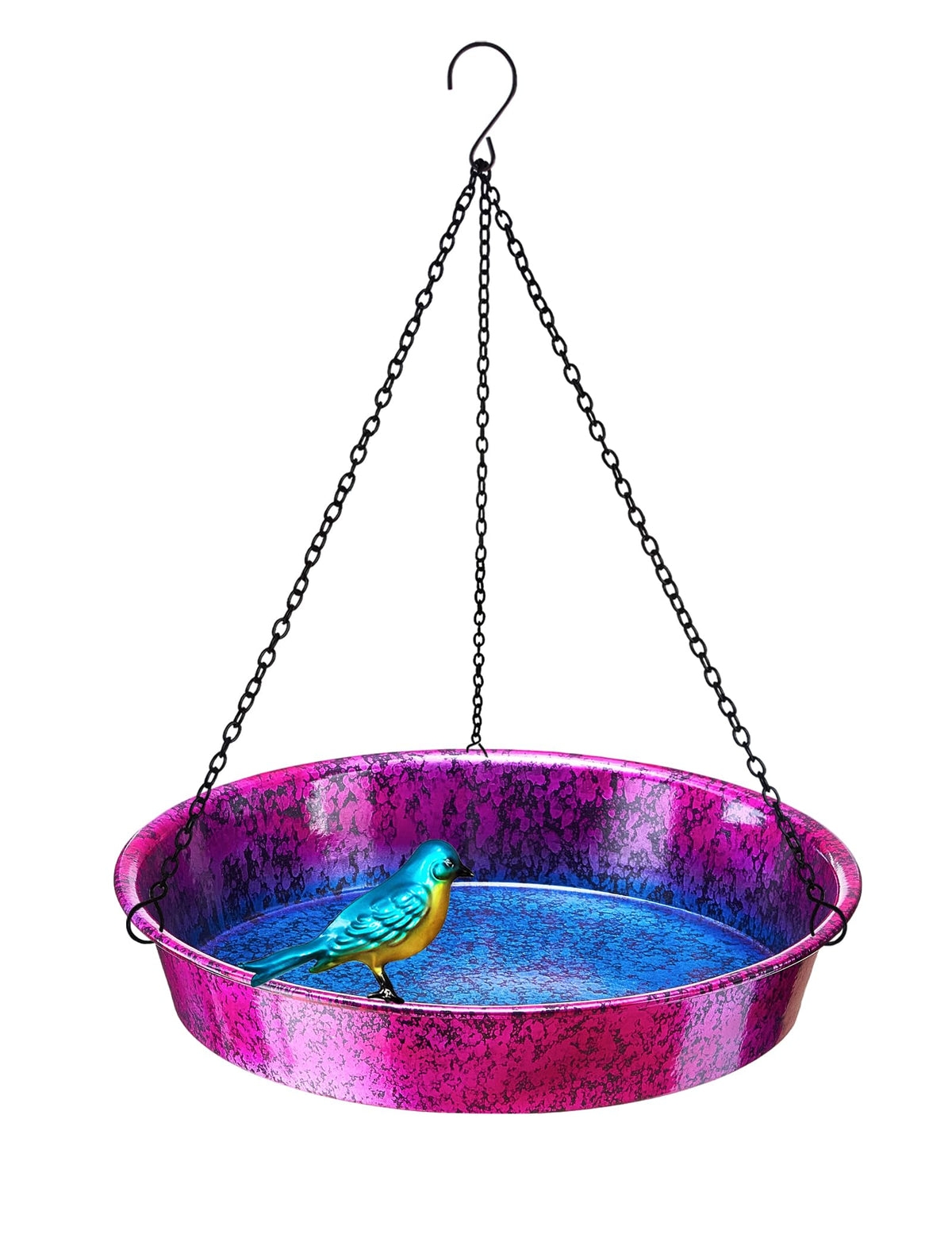 Keygift Hanging Bird Bath shows a vibrant purple-blue bowl attracts small birds.