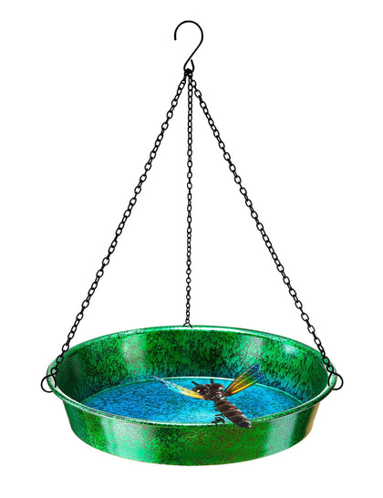 Keygift hanging bird bath in metallic green and blue for outdoor bird bathing.