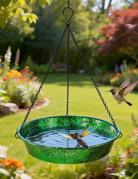 Keygift metal bird bath with black chain, weather resistant for outdoor use.