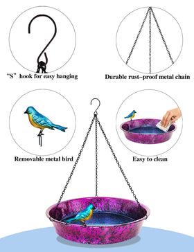 Keygift Water-filled bird bath in garden scene with lush greenery.