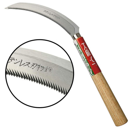 KEYI EYI Grass Sickle with wooden handle for a comfortable, precise trim in tight spaces.