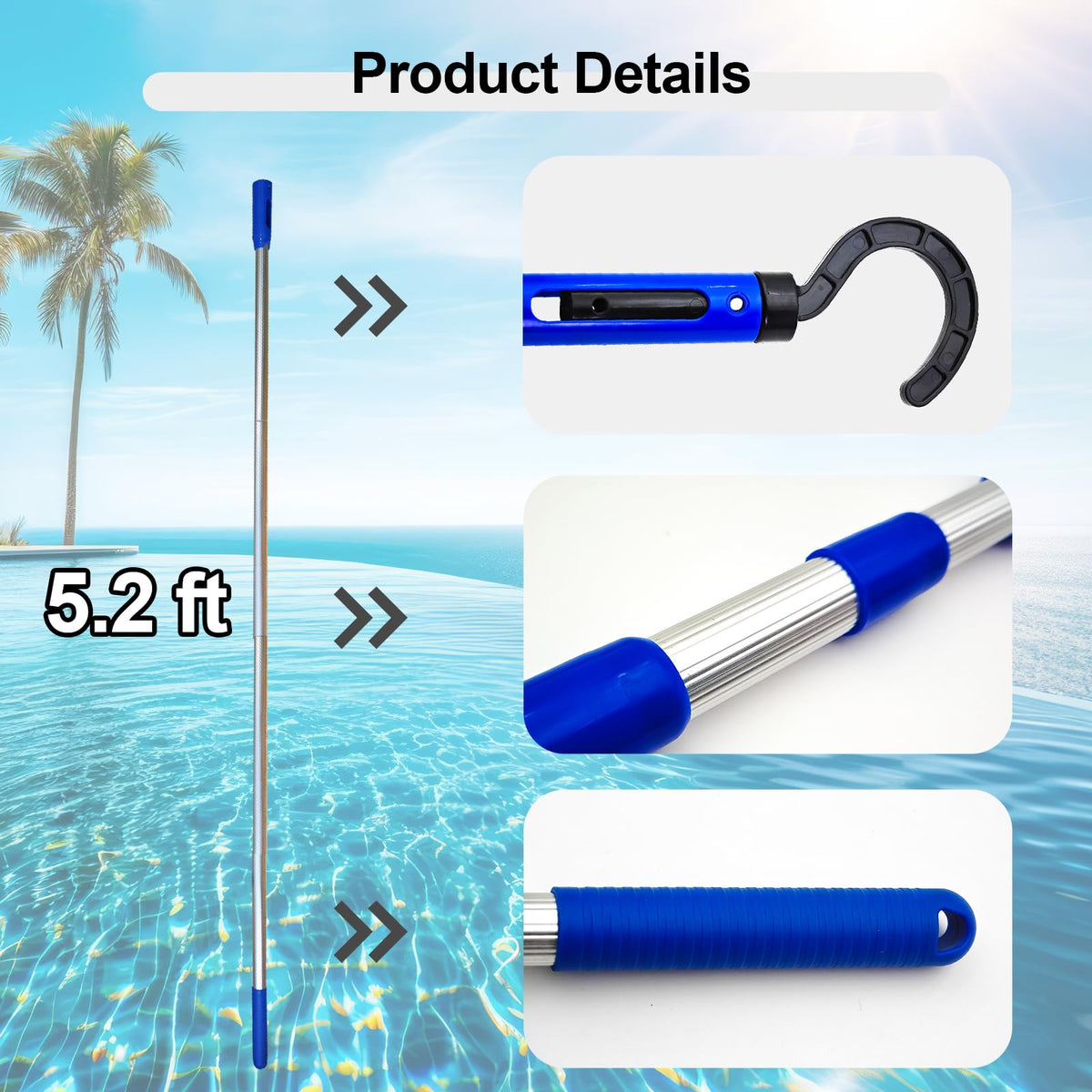 Keyrank adjustable aluminum pool pole keeps robotic cleaners within reach for easy maintenance.