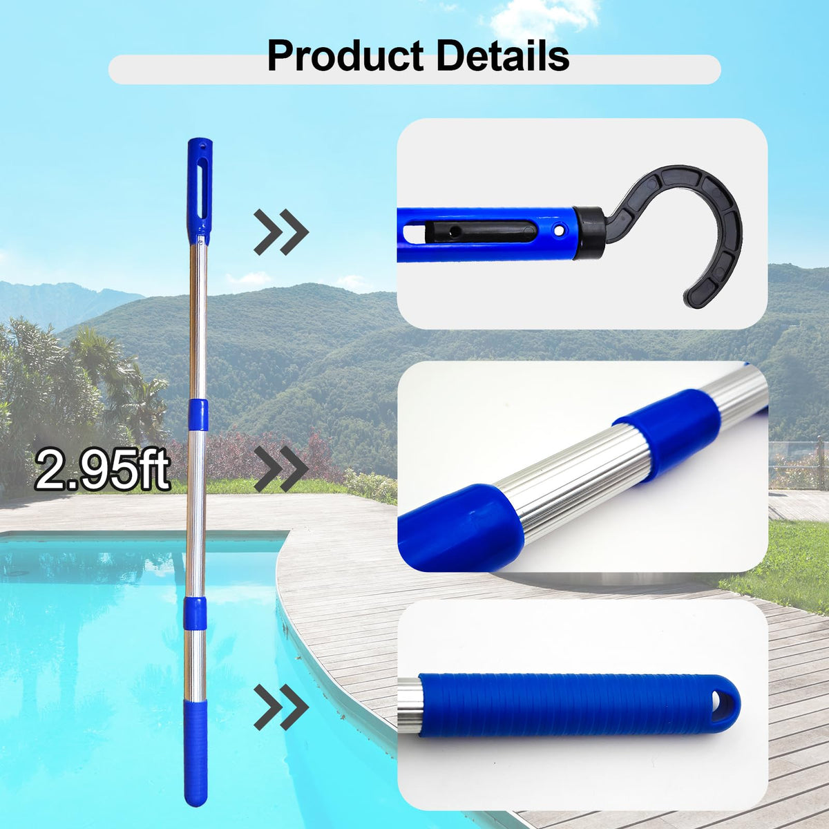 Keyrank 3-foot aluminum pole with hook for effortless pool robot pickup