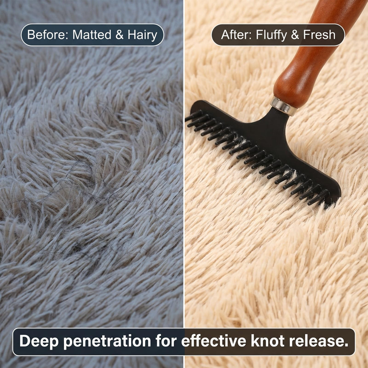 KFHENSOMR rug rake restores fluff on a matted carpet