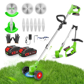 KFM electric weed wacker with battery pack for cordless power.