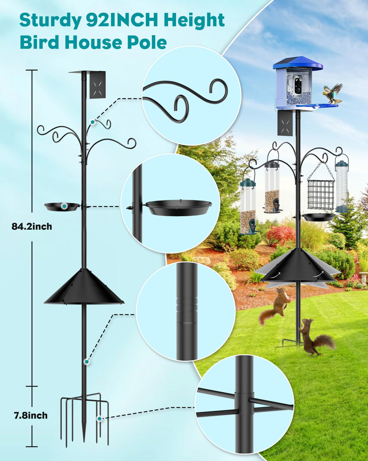 KFM Bird Feeder Pole with a sturdy 6-prong base for stable grounding.
